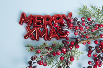 A glossy red plastic Christmas ornament featuring a text saying merry xmas