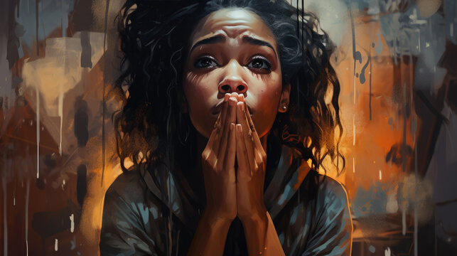 upset black young woman grieving and covering her mouth with her hands, depression, fear, anxiety, grief, sadness, african american girl, portrait, emotional face, expression, graffiti illustration