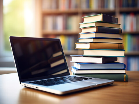 Laptop computer and books on a table in a public library. 