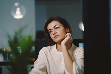 Thoughtful woman designer sitting at work in office