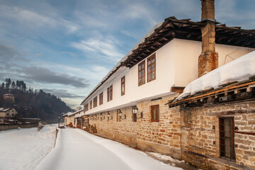 Old houses in Tryavna, Bulgaria. Tryavna in winter. National revival bulgarian architecture.