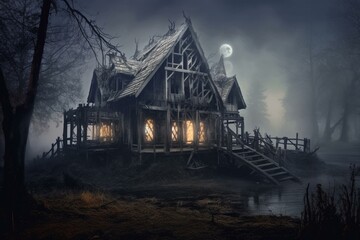 Sinister haunted house with eerie spirits in chilling moonlit fog and decaying wooden structure. Generative AI