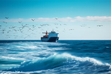 AI generative image of cargo ship sailing through the open sea