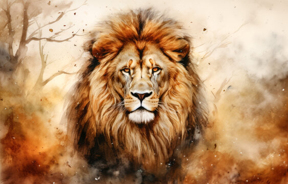 Lion head in the wild. Watercolor painting