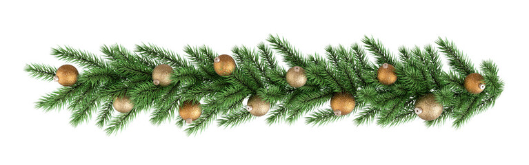 Fototapeta na wymiar Christmas tree branch with yellow balls on white bakcground