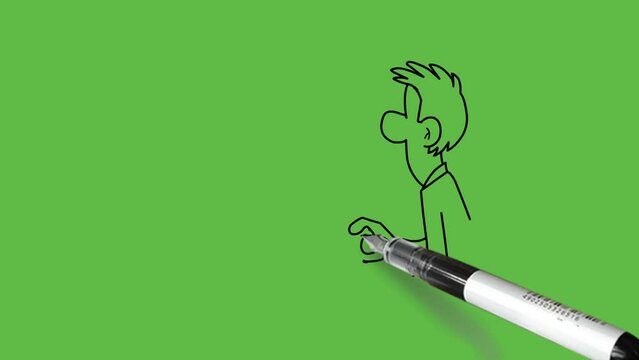 draw young man sit on chair work on computer place on table and see cursor on screen with black outline on abstract green screen background      
