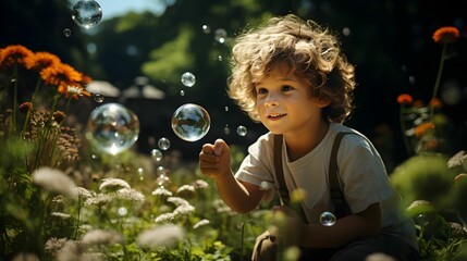 Child Summer Play in the Garden exploring Bubbling with Joy