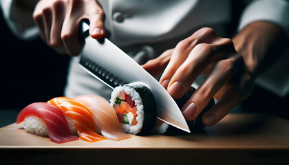 Sushi chef slicing a roll with a sharp blade