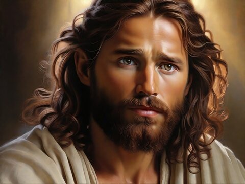 Jesus Christ. curly brown hair. The background is a warm brown color with a light source coming from the top left corner.| AI-GENERATED 
