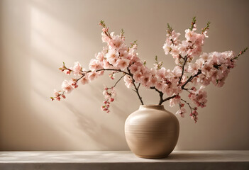 wooden table with pink flower branch in vase with beige wall background, space for text
