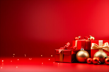 Christmas and New Year  red background with colorful gifts, Christmas decorations  , generative ai