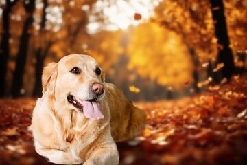 Photo of a cute playing dog in autumn forest, AI generated image