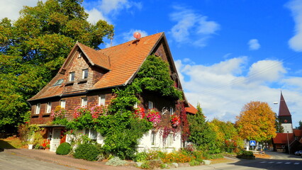 Fototapeta na wymiar traditionelles altes Wohnhaus mit Blumenschmuck im Herbst an Dorfstraße mit Kirche im Nordschwarzwald