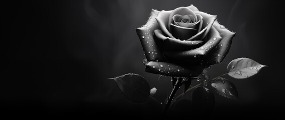 Beautiful black and white rose on black background with copy space. - Powered by Adobe