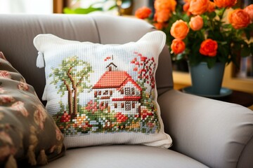 Pillow on couch with house cross stitch. Generative AI
