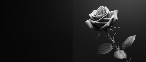 Beautiful black and white rose on black background with copy space. - obrazy, fototapety, plakaty