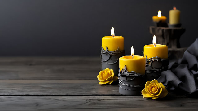 Dark background for ceremonies. yellow burning candles and a yellow rose with area for copy. Horizontal image