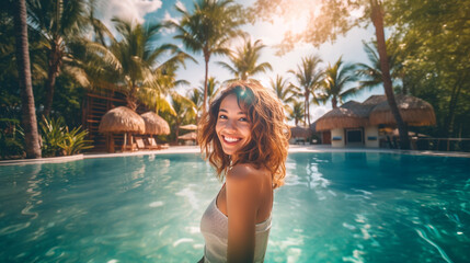 smiling Asian woman in large pool with palm trees, happiness and contentment, relaxing and tropical atmosphere