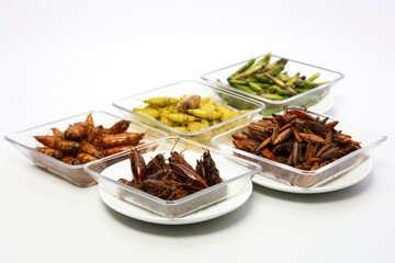 Edible insects prepared using innovative culinary techniques isolated on a white background 