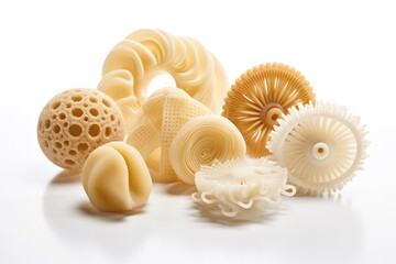 3D printed pasta shapes showcasing precision in culinary design isolated on a white background 