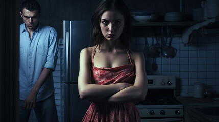 Frightened Woman Stands at Home in a Dark Room against the backdrop of an Angry Man Husband. Domestic Violence Concept.