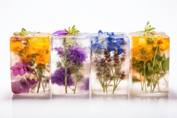 Edible flowers frozen in crystal-clear ice cubes isolated on a white background 