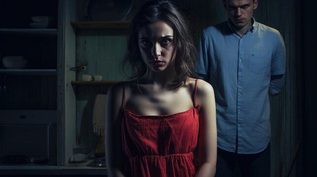 Frightened Woman Stands at Home in a Dark Room against the backdrop of an Angry Man Husband. Domestic Violence Concept.