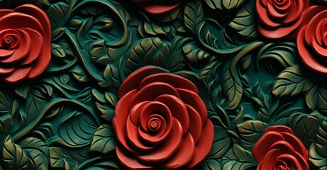 AI generated illustration of vibrant red roses with a green metallic background