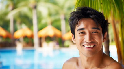 Smiling young Asian man in a pool with scattered umbrellas on a sunny day. The image exudes happiness and cheerfulness.