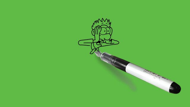 draw standing cartoon character angry young man lean forward keep his hand on cheeks with black outline on abstract green screen background     
