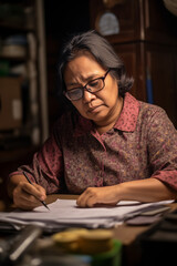 Fototapeta na wymiar stressed asian woman with bills and paperwork at kitchen table, household cost of living