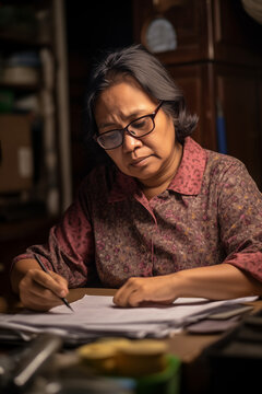 stressed asian woman with bills and paperwork at kitchen table, household cost of living