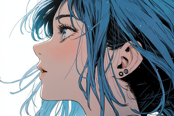beautiful anime girl with blue hair looks up - obrazy, fototapety, plakaty