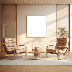 Mockup transparent vertical frame hanging on the wall of the living room. Illustration of interior without people. Natural light.