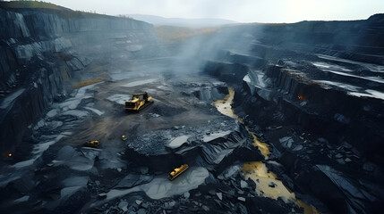 Fototapeta premium Aerial view basalt quarry of open pit with Bulldozer And Car, Industry of black basalt stone, stone quarr,Generated Ai