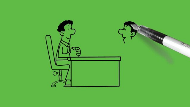 draw two young men sit in front of each other on adjustable office chair with center table show written paper drink hot cup of tea with black outline on abstract green screen background   
