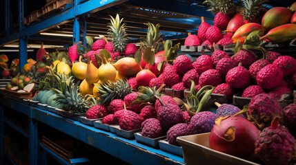 An assortment of tropical delights, including coconuts, dragon fruits, and lychees, arranged on a conveyor for global distribution. 