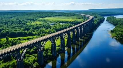 Aerial view of an old railway viaduct, Austro-Hungarian railway bridge in the village of Plebanivka in the Ternopil region of Ukraine,Generated Ai