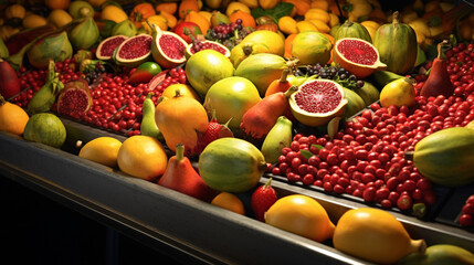 A conveyor transporting an array of colorful and exotic fruits, including passion fruits and guavas, displaying their distinct character. 