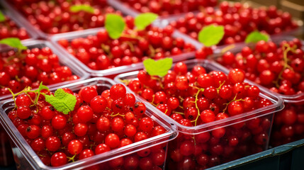Vibrant red currants displayed in trays, each tiny berry bursting with vibrant flavor and natural sweetness. 