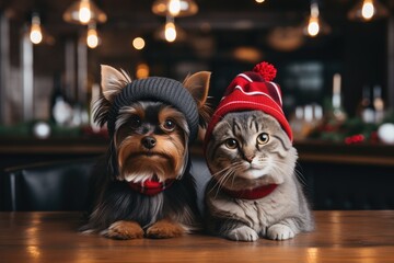 Yorkshire terrier in a hat and a cat in a scarf in a bar with a Christmas atmosphere, postcard - obrazy, fototapety, plakaty