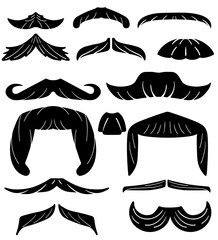 Set of mustaches. Black silhouettes mustache. Men's mustaches, hipster, gentleman, barbershop. Vector EPS10.