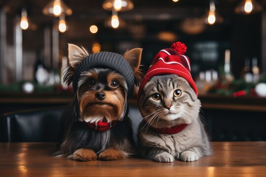 Yorkshire terrier in a hat and a cat in a scarf in a bar with a Christmas atmosphere, postcard