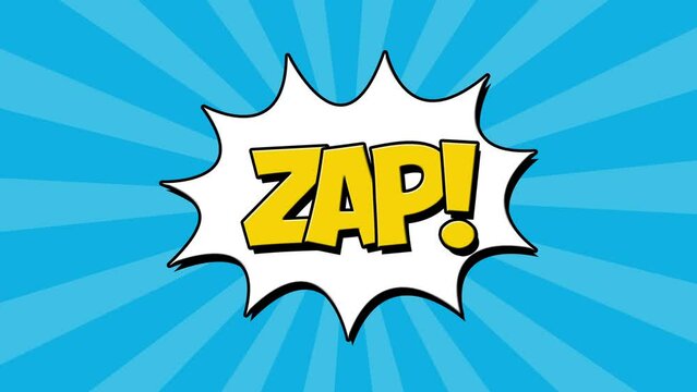 zap Animated comic text. Pop art Vintage background. speech bubble and Blue rays background.