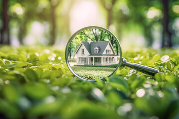 Close up of modern 3D house model and magnifying glass in background of nature green. Estate concept of business and search. - obrazy, fototapety, plakaty