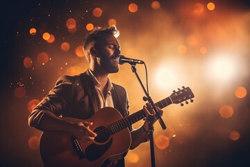 The singer plays an acoustic guitar and sings at a concert - obrazy, fototapety, plakaty