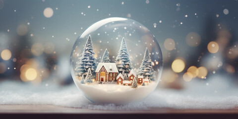 Winter wonderland with little town and christmas tree inside a snow globe ,Miniature Town in a Snow Globe