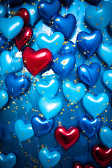 Background of balloons in the shape of red and blue hearts.