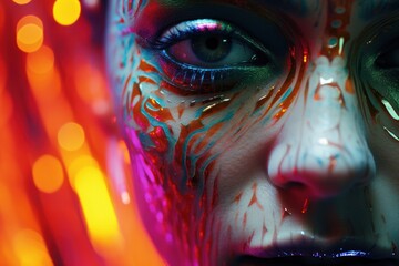 ultra close-up portrait of a beautiful girl with multicolored make-up, ai tools generated image - obrazy, fototapety, plakaty