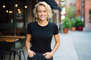 Fototapeta na wymiar Portrait of beautiful blond woman wearing black t-shirt. Street photo